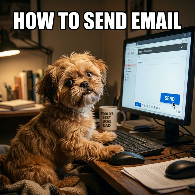 Generador de memes de IA perro gracioso confundido por correo electrónico de computadora