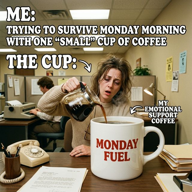 Meme de IA que muestra a un oficinista sirviendo café en una taza gigante
